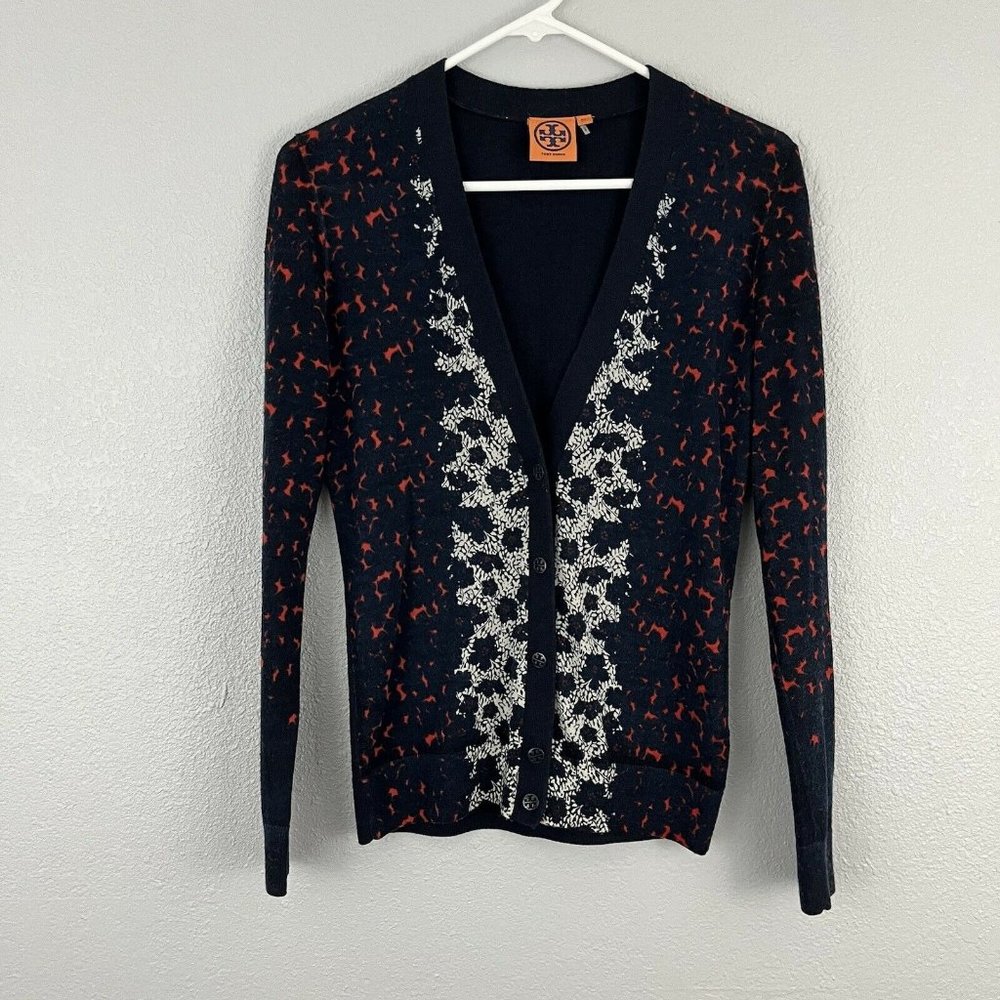 Tory Burch Navy White & Red Mixed Print Brady Cardigan Size XS
